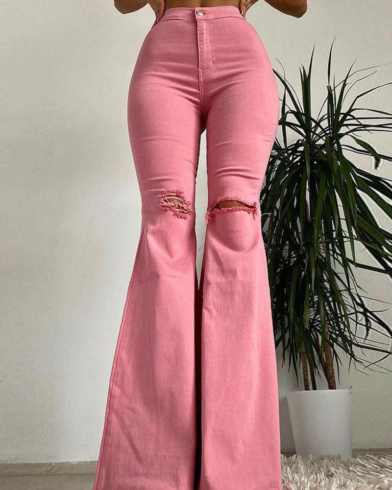 Women Solid Ripped Raw Hem Pocket Detail Flare Leg Jeans-Pinkami