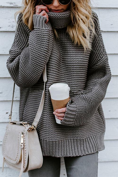 Solid Color Commuter Turtleneck Sweater Female-Pinkami