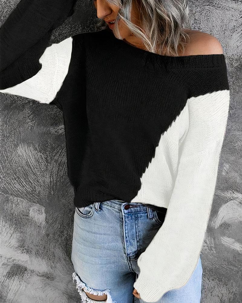 Colorblock Pointelle Knit Boat Neck Sweater-Pinkami