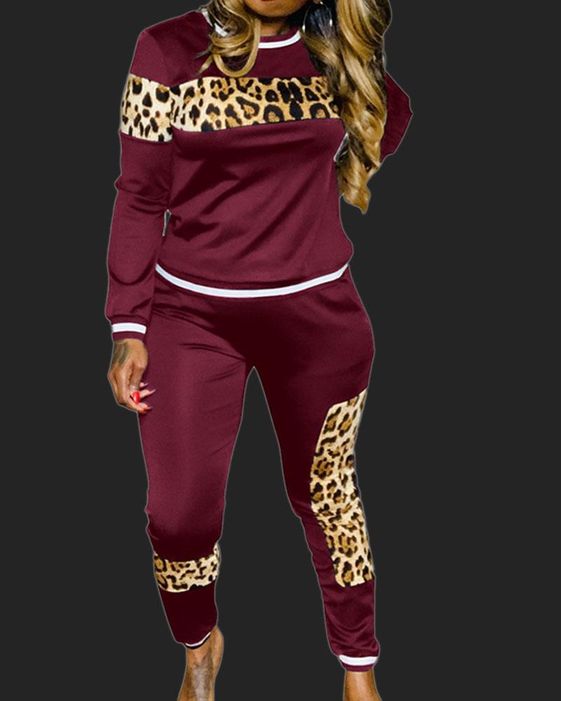 Striped Leopard Print Top & Pants Set-Pinkami