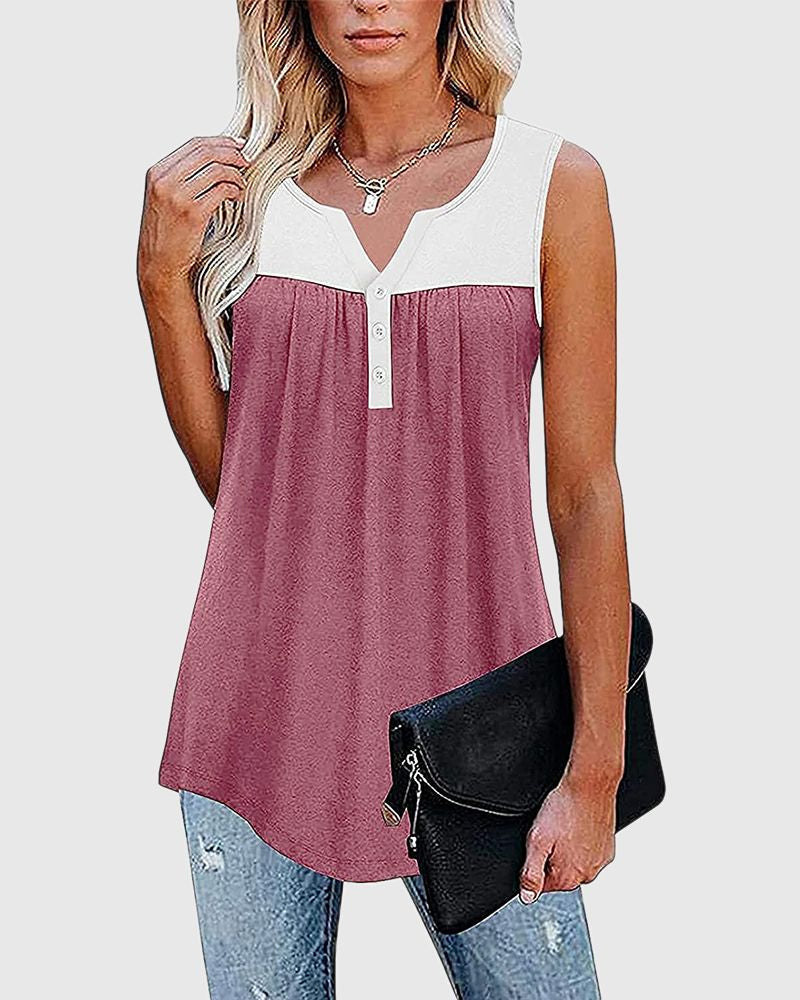 Two Tone Half Button Ruched Tank Top-Pinkami