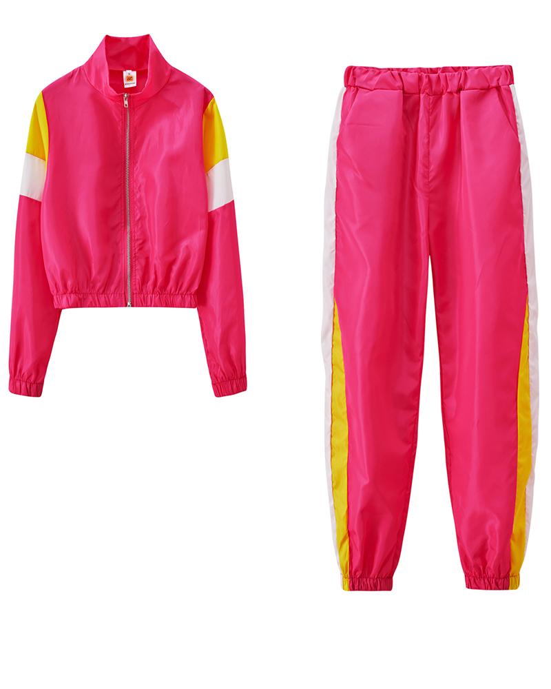 Colorblock Pocket Detail Zip Front Top & Pants Set-Pinkami