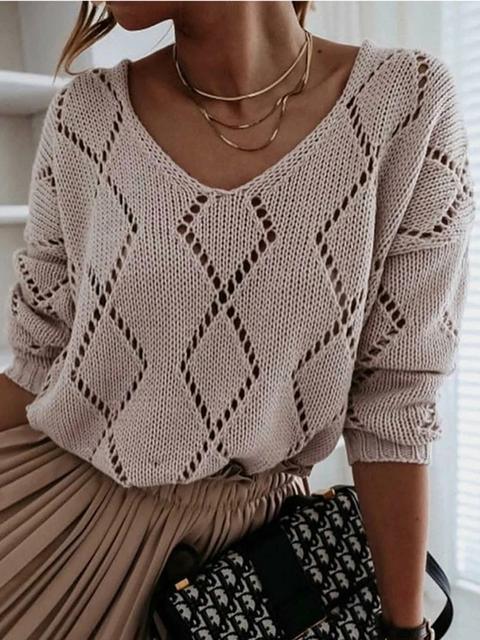 V-neck Rhombus Hollow out Knit Sweater-Pinkami