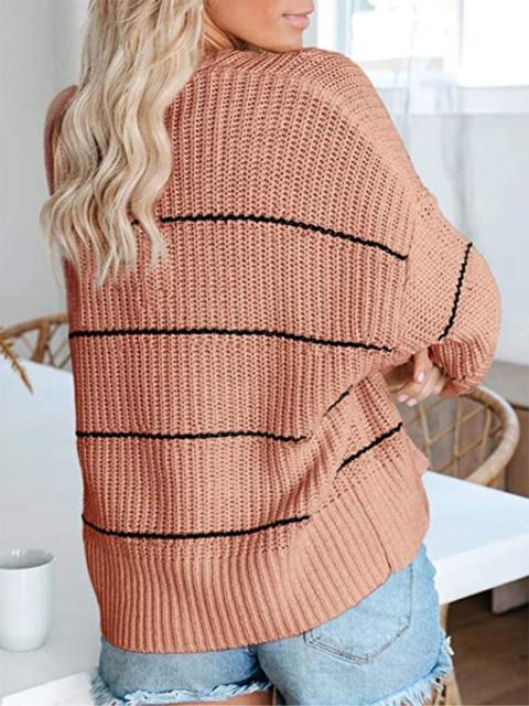 Striped Long Sleeve Loose Sweater Cardigan-Pinkami
