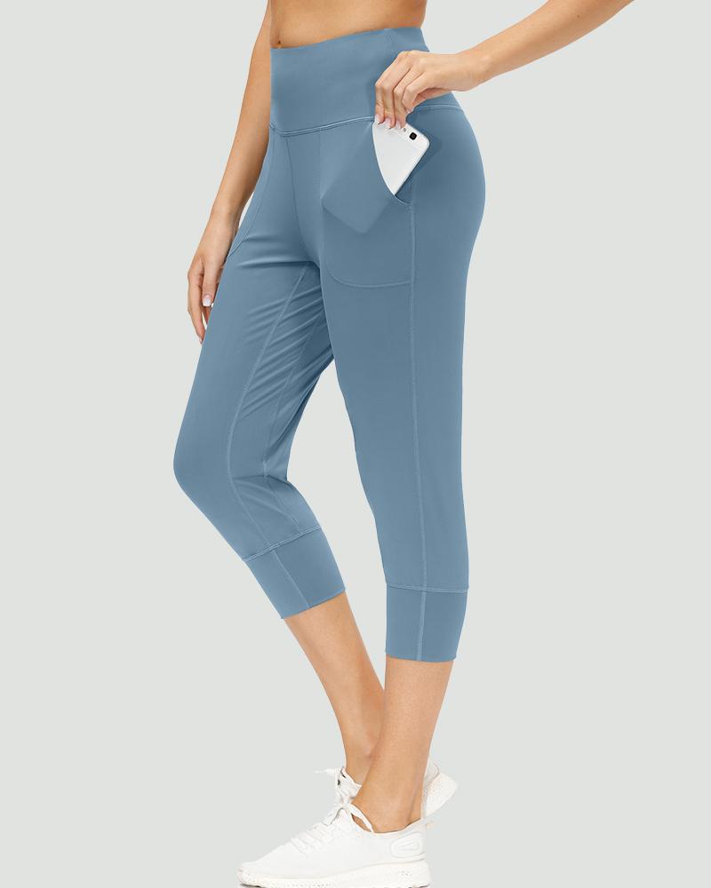 Slant Pocket Wide Waistband Elastic Hem Sports Leggings For Women-Pinkami