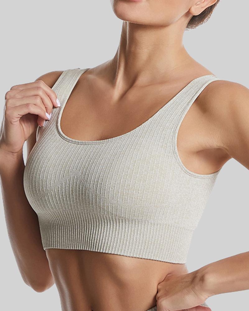 Rib-Knit Scoop Neck Cutout Back Sports Bra-Pinkami