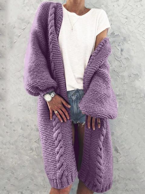 Collarless Knitted Cardigan Long Coat-Pinkami