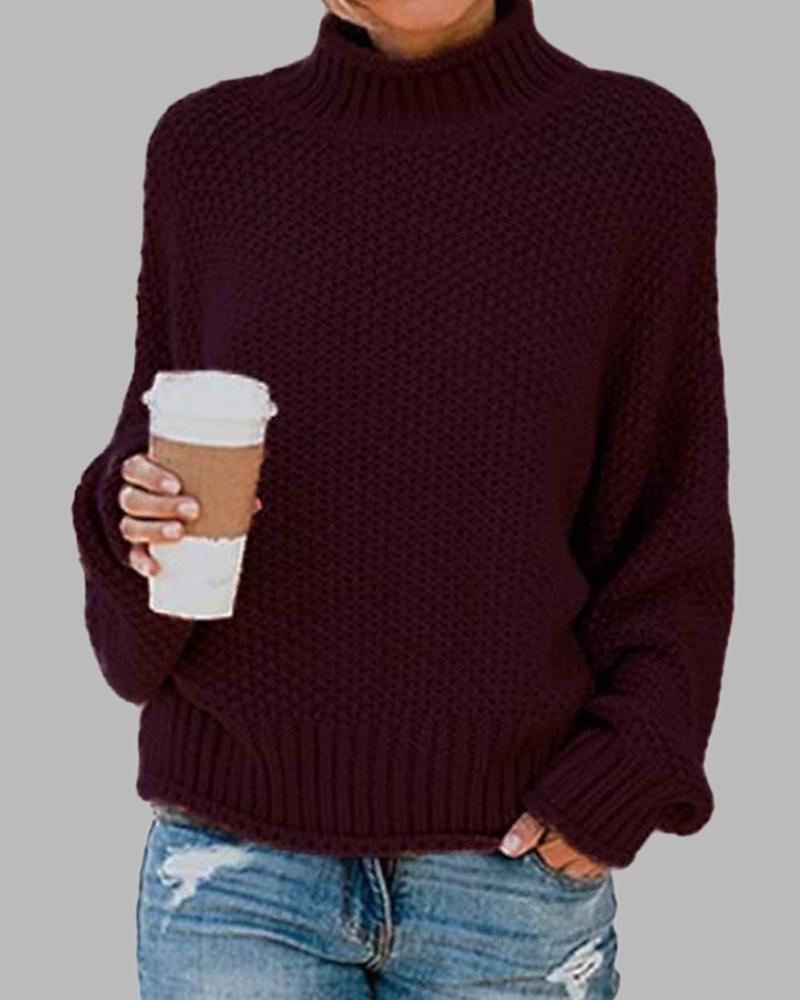 Solid Chunky Knit High Neck Drop Shoulder Sweater-Pinkami