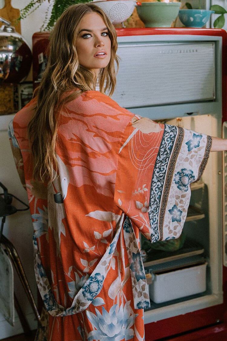 Boho Printed Sleeved Belted Kimono Maxi Cover Up-Pinkami