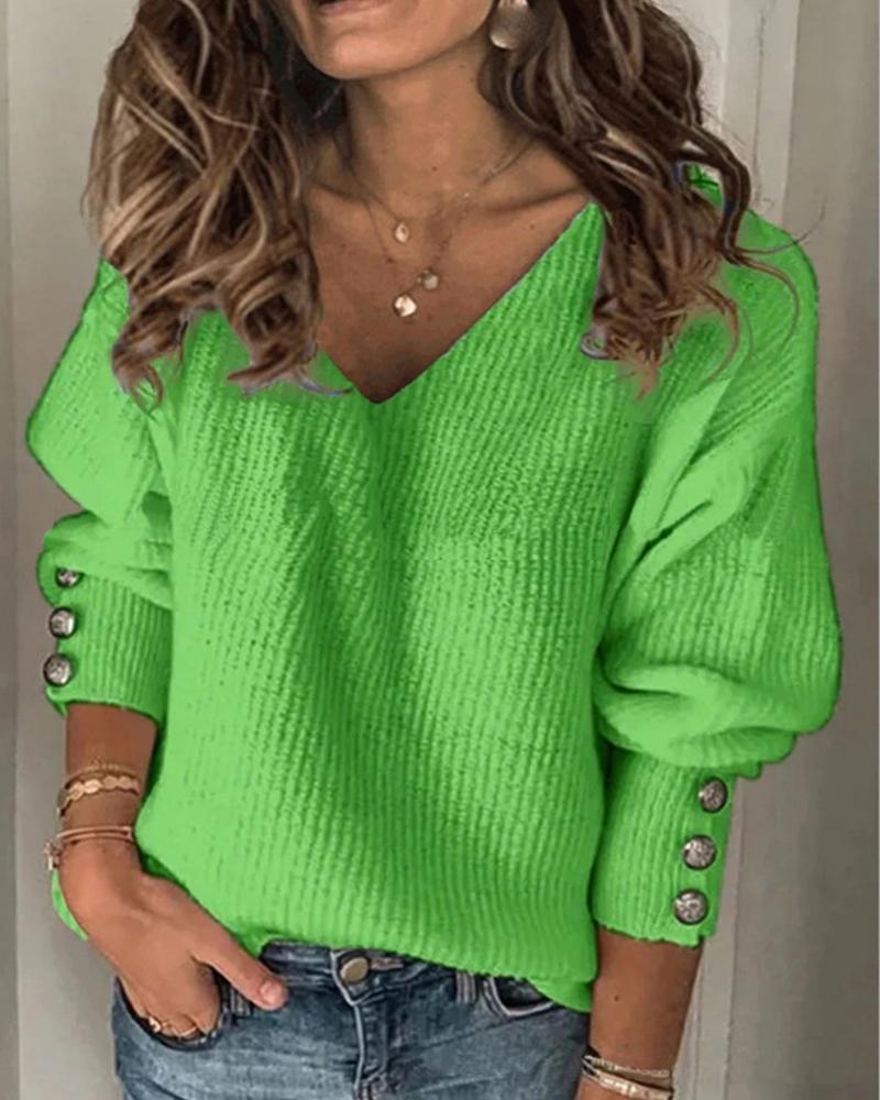 Solid Rib-Knit Button Detail V Neck Top-Pinkami