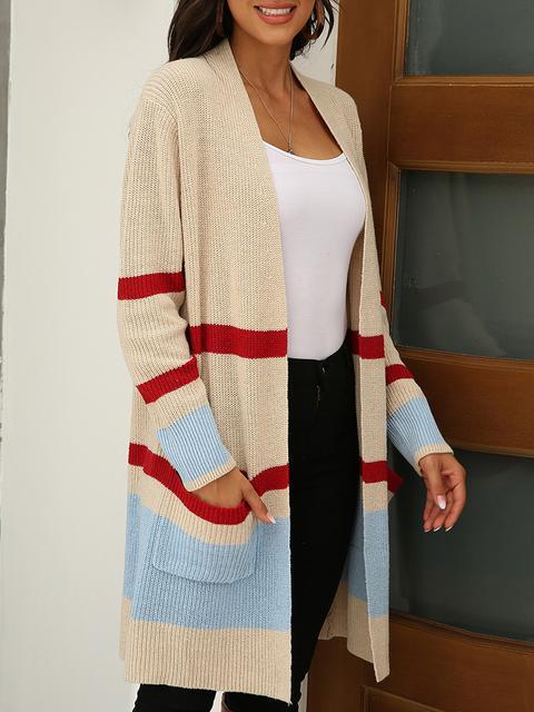 Stripe Stitching Contrast Sweater Cardigan-Pinkami