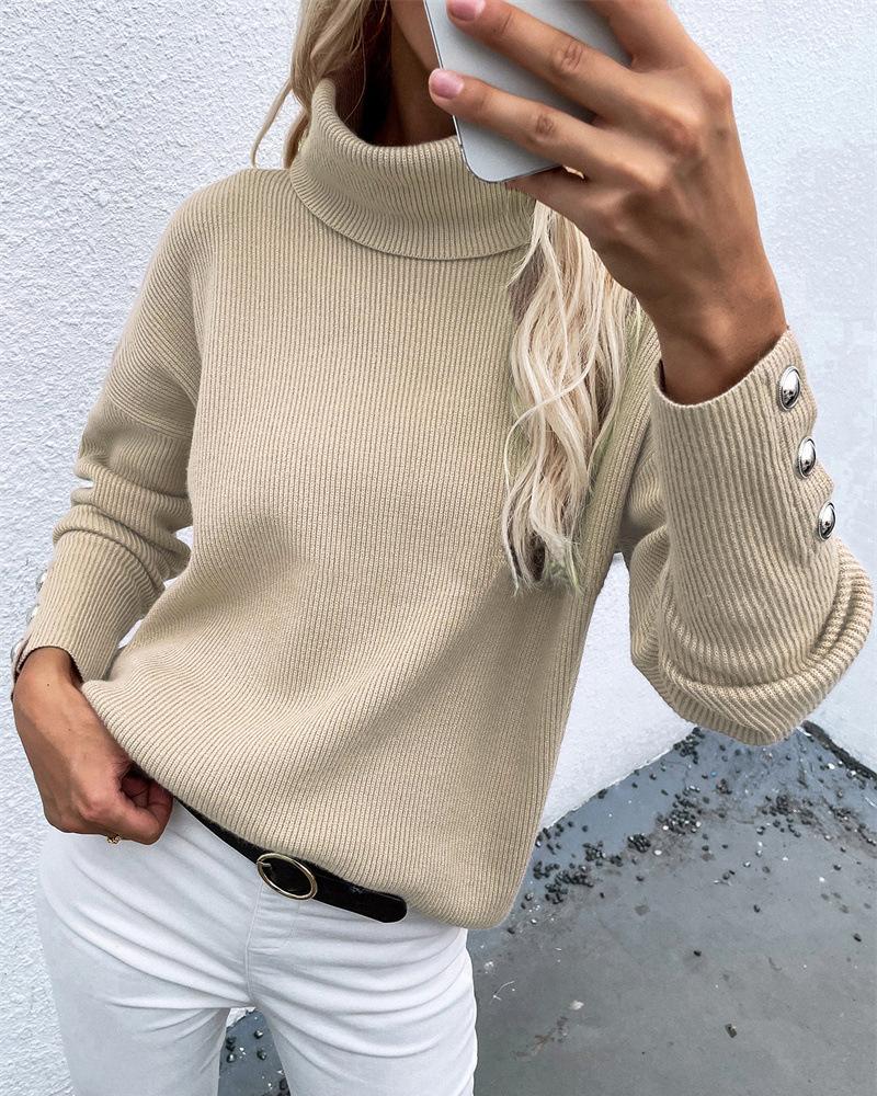 Rib Knit Turtleneck Button Trim Drop Shoulder Sweater