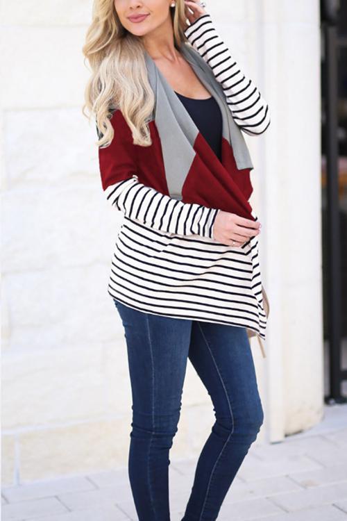Casual Stitching Striped Cardigan-Pinkami