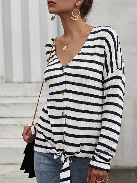 Striped Pattern Button Strap Knit Cardigan-Pinkami