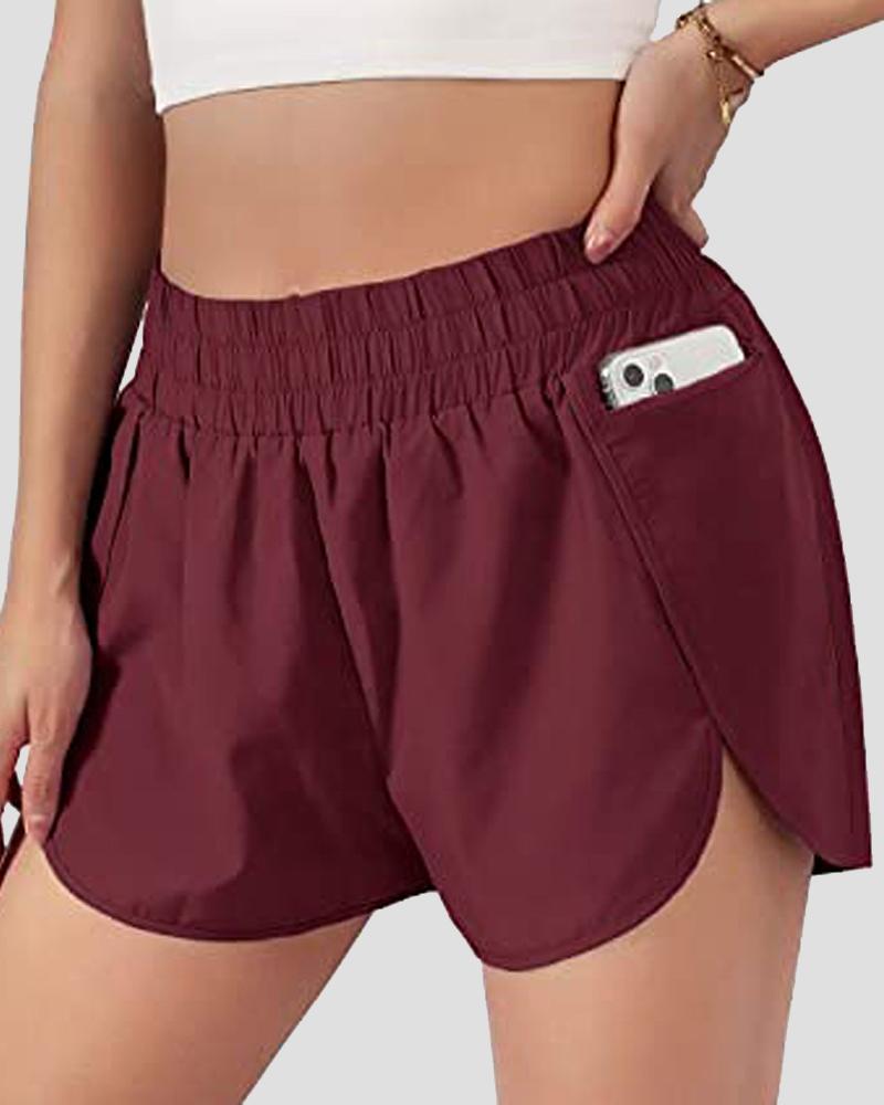 Pocket Decor Overlap Hem High Waist Sports Shorts-Pinkami