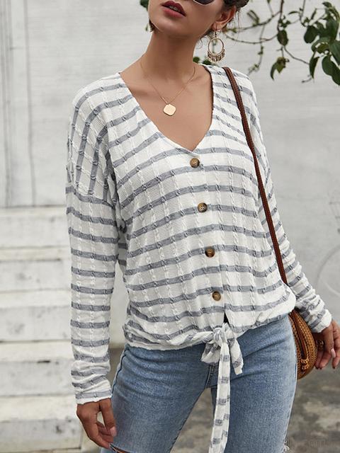 Striped Pattern Button Strap Knit Cardigan-Pinkami