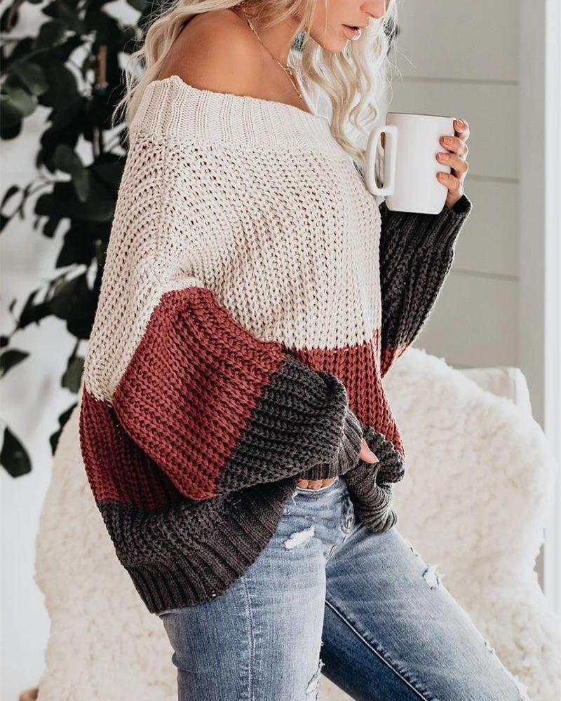 Colorblock Chunky Knit Boat Neck Sweater-Pinkami