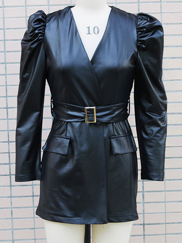 Burgundy Long Sleeves Sash PU Leather Short Mini Dress