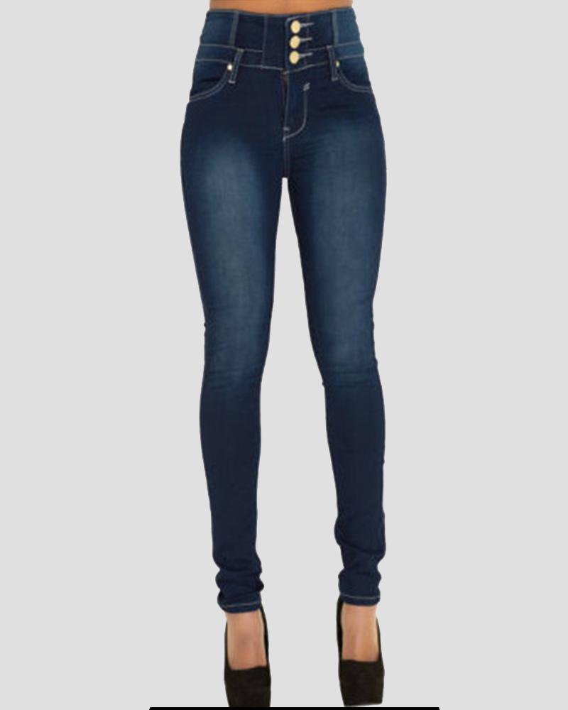 Women Button Front High Waist Skinny Jeans-Pinkami