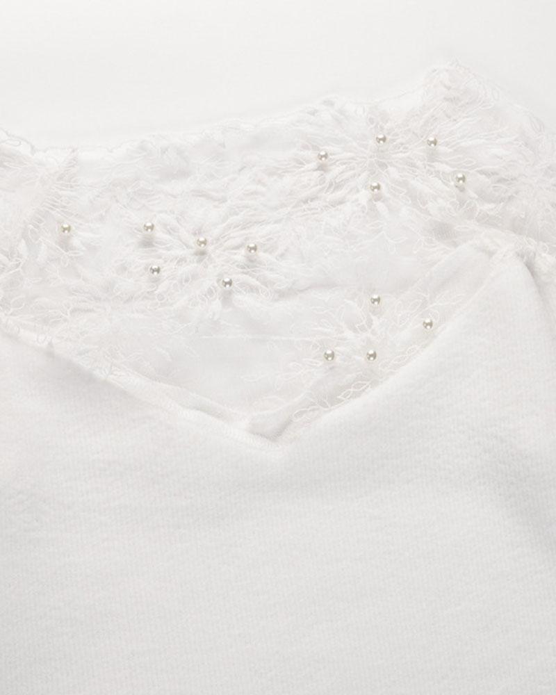 Floral Lace Beaded Decor Frill Trim Sweater-Pinkami