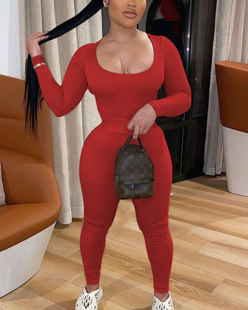 Solid Long Sleeve Scoop Neck Top & Pants Set-Pinkami