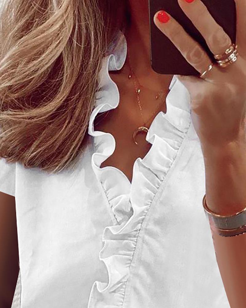 Solid Short Sleeve Ruffles Blouse-Pinkami
