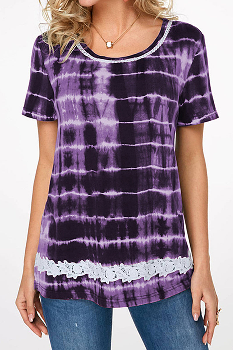 Ombre Lace Insert Round Neck T-Shirt-Pinkami