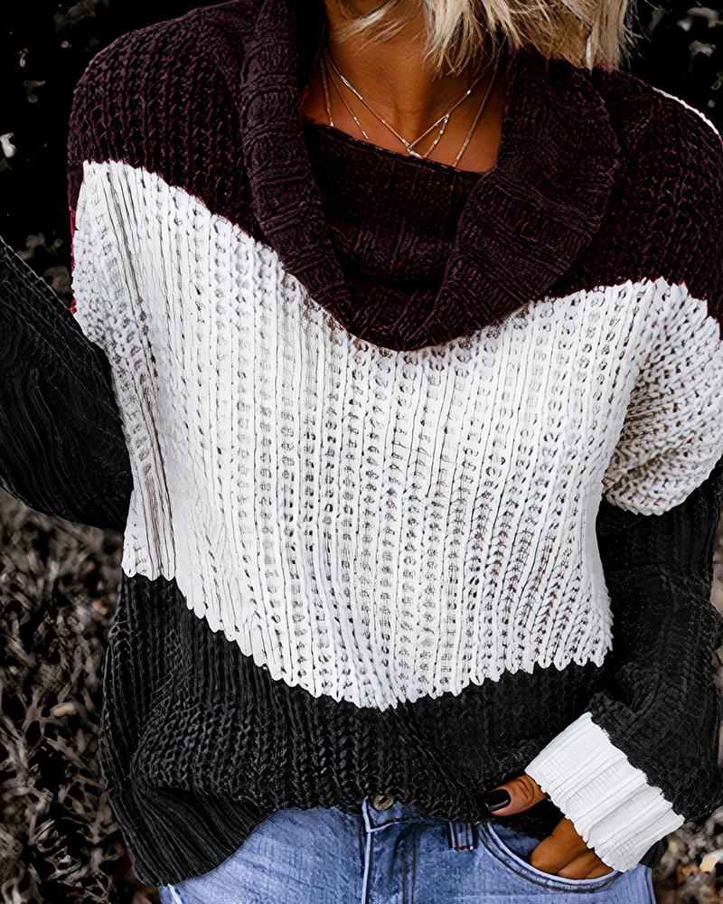 Colorblock Cowl Neck Long Sleeve Sweater-Pinkami