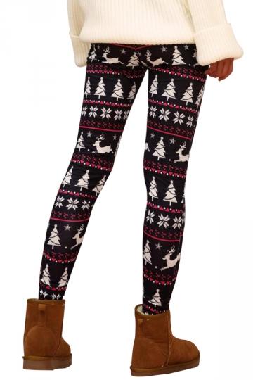Plus Size Womens Reindeer Christmas Tree Leggings Black-Pinkami