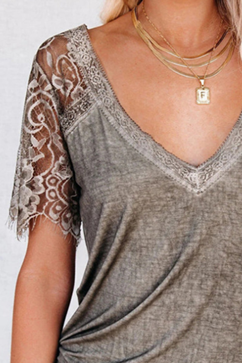 Floral Lace Hollow Out T-Shirt-Pinkami