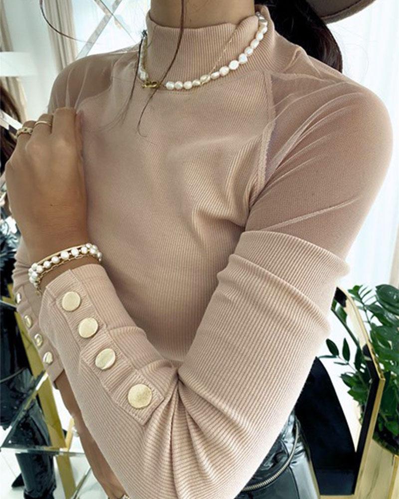 Mock Neck Mesh Insert Button Trim Sweater-Pinkami