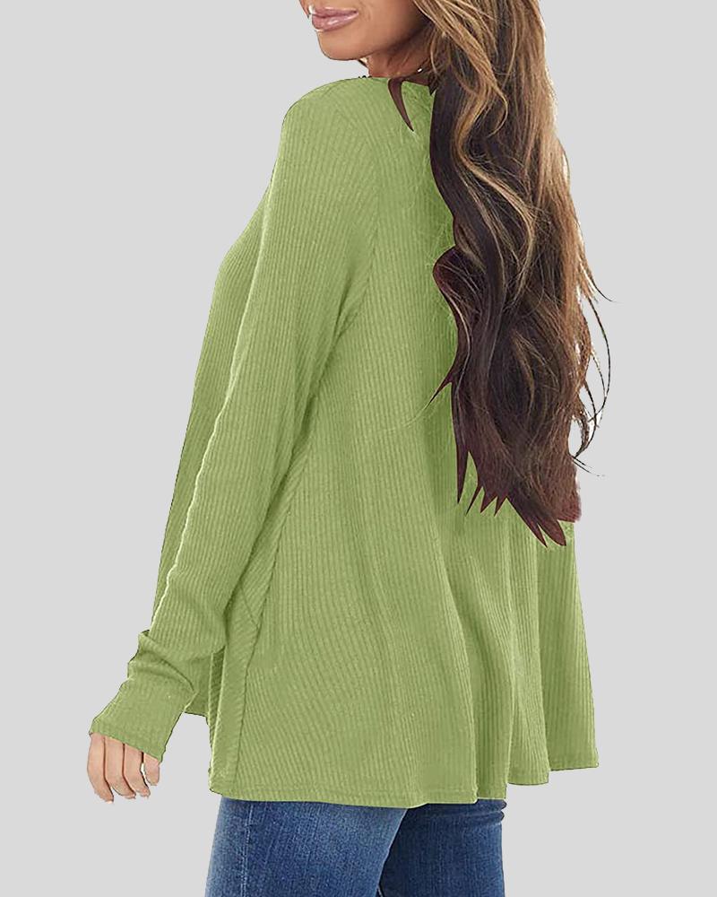 Button Front Rib-Knit V Neck Sweater