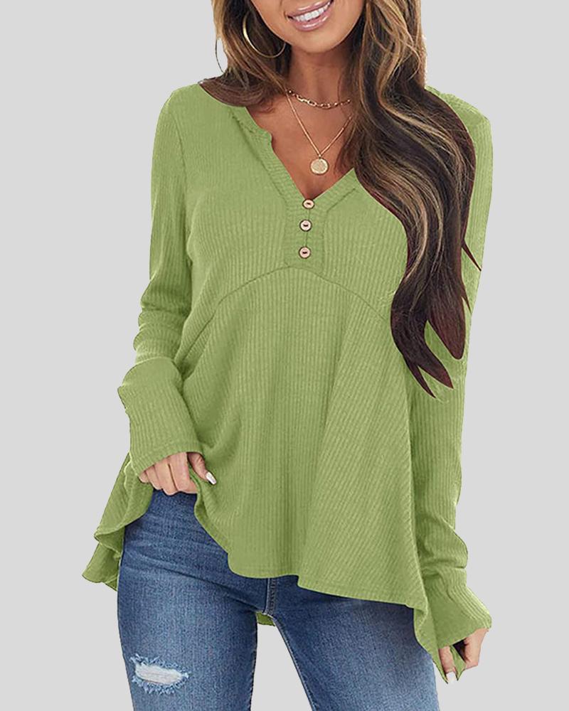 Button Front Rib-Knit V Neck Sweater