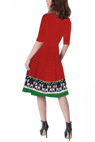 Dot Print Christmas Reindeer Dress Red-Pinkami