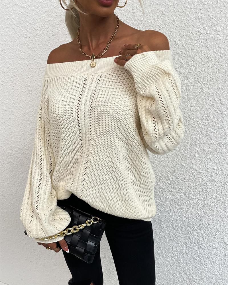 Solid Pointelle Knit Off Shoulder Sweater-Pinkami