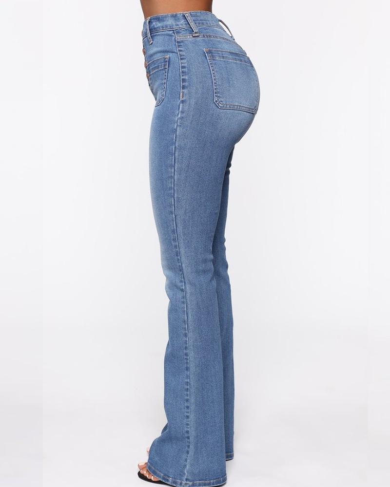 Women Button Fly Booty Shaping High Waist Flare Jeans-Pinkami
