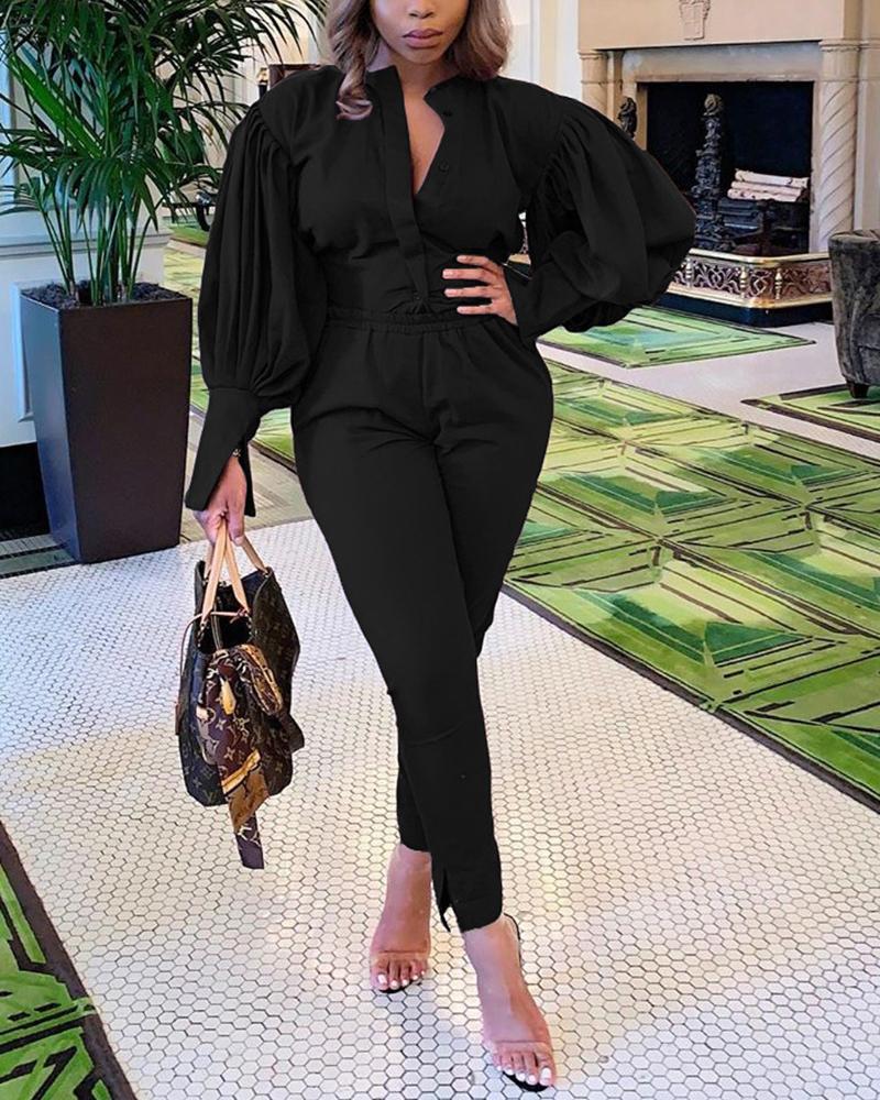 Solid Button Up Pocket Detail Top & Pants Set-Pinkami