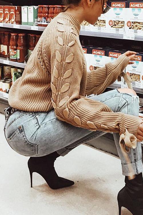 Sweet Round Neck Long Sleeve Strap Sweater-Pinkami