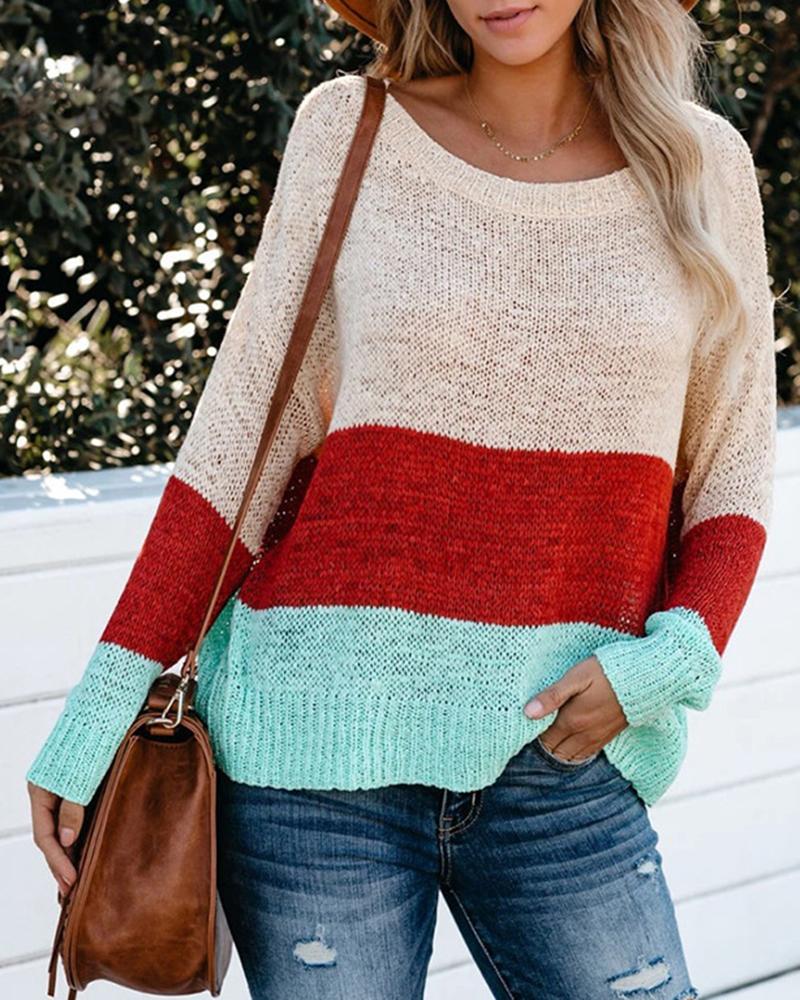 Colorblock Drop Shoulder Boat Neck Sweater-Pinkami