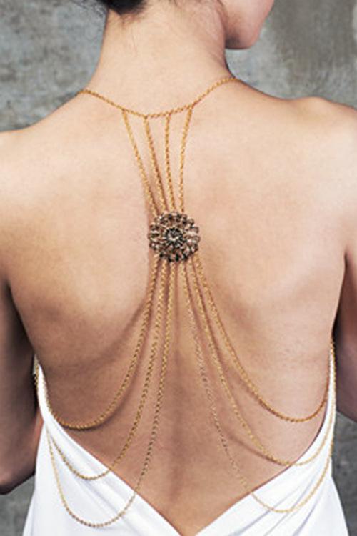 Gold Layered Floral Pattern Back Sexy Back Body Chain Necklace