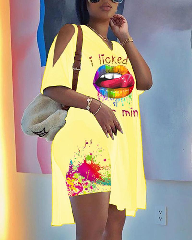 Letter & Graphic Print Split Hem Top & Pants Set