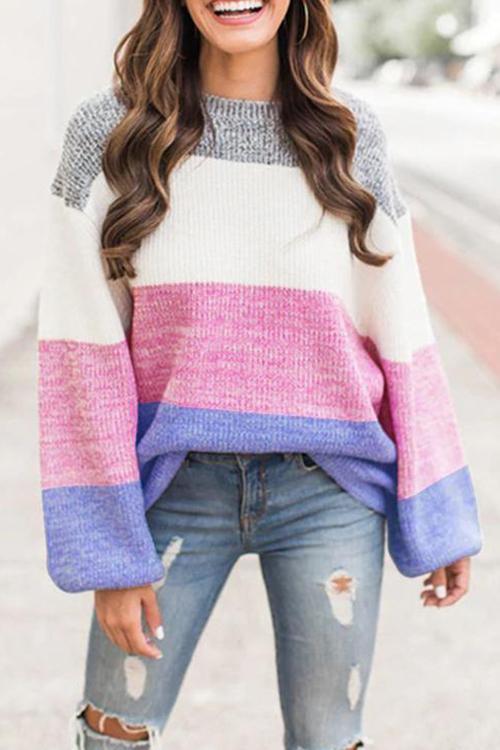 Casual Patchwork Multicolor Sweater-Pinkami