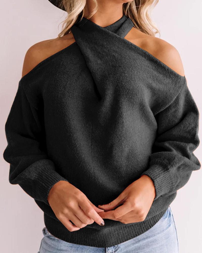 Solid Cold Shoulder Rib Knit Sweater-Pinkami