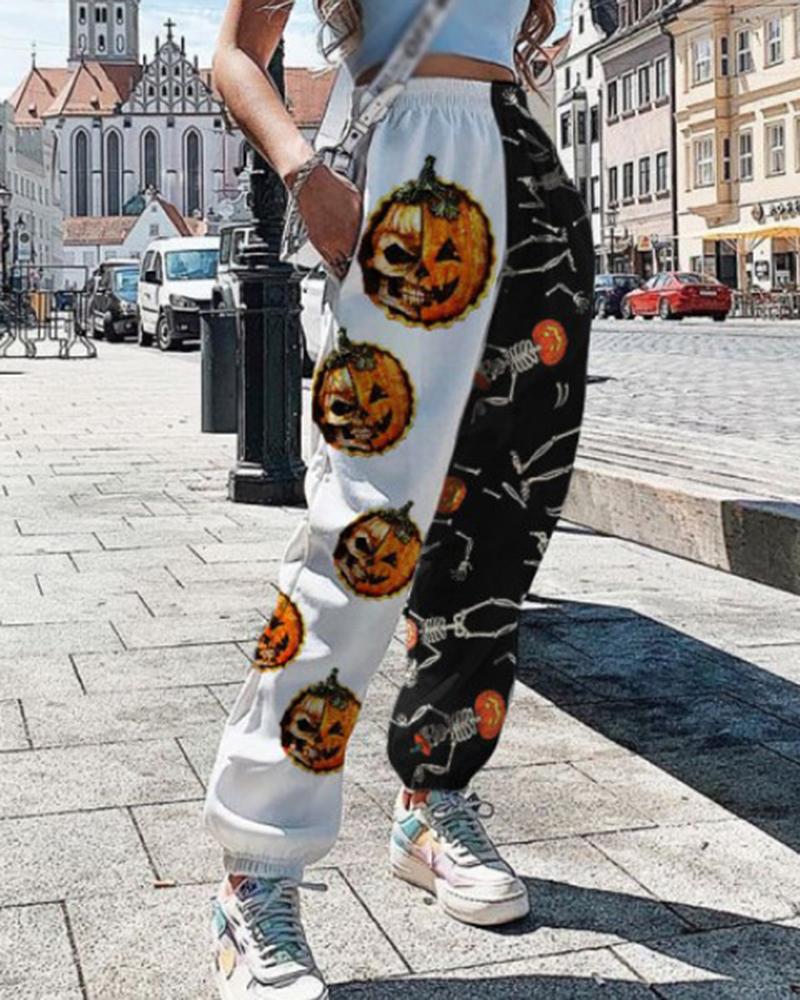 Colorblock & Halloween Graphic Pattern Pocket Side Joggers For Women-Pinkami
