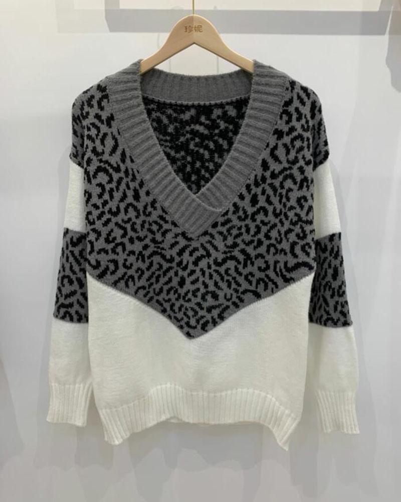 Colorblock Leopard Print Overlap Collar Sweater-Pinkami