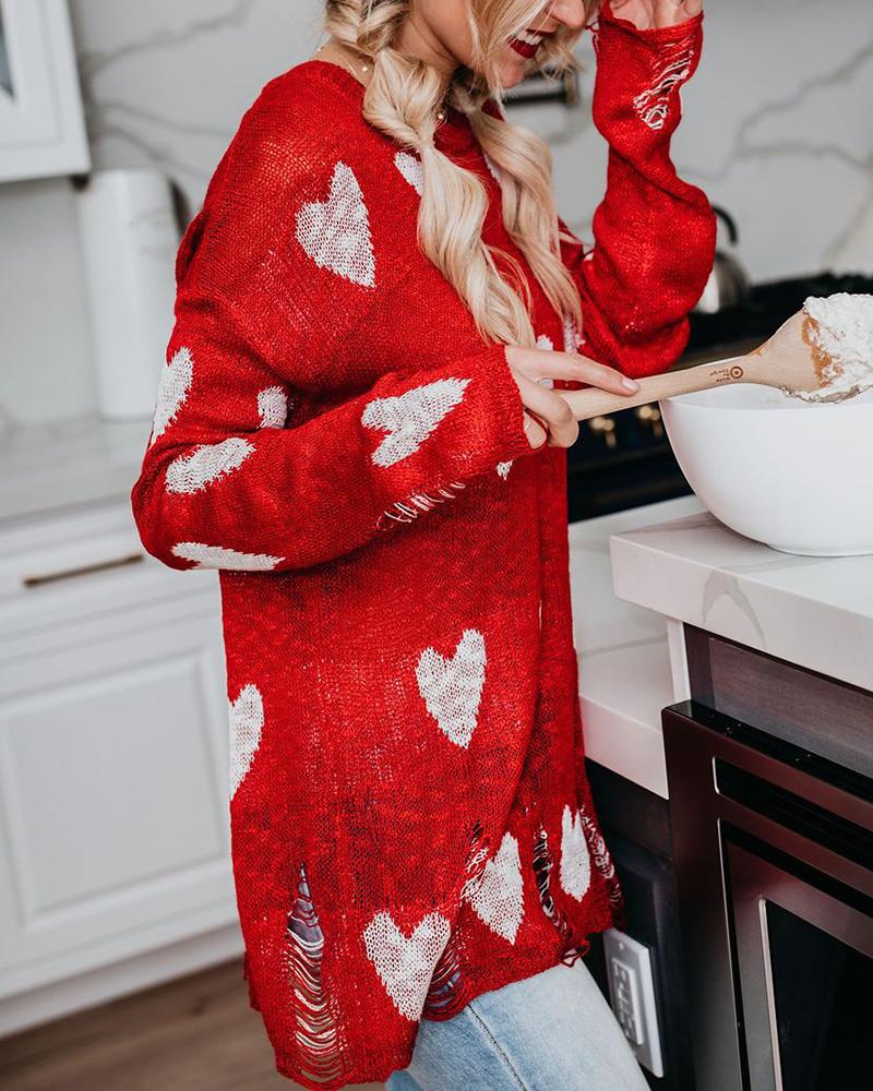 Heart Pattern Print Ripped Boat Neck Sweater-Pinkami