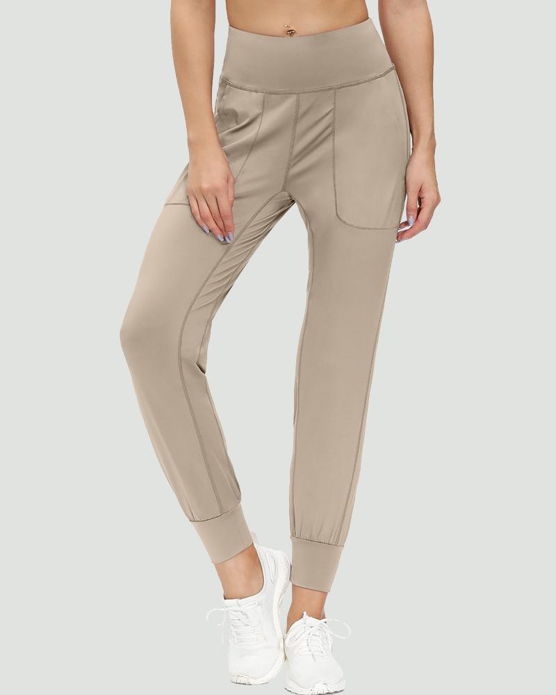 Slant Pocket Wide Waistband Elastic Hem Sports Leggings For Women-Pinkami