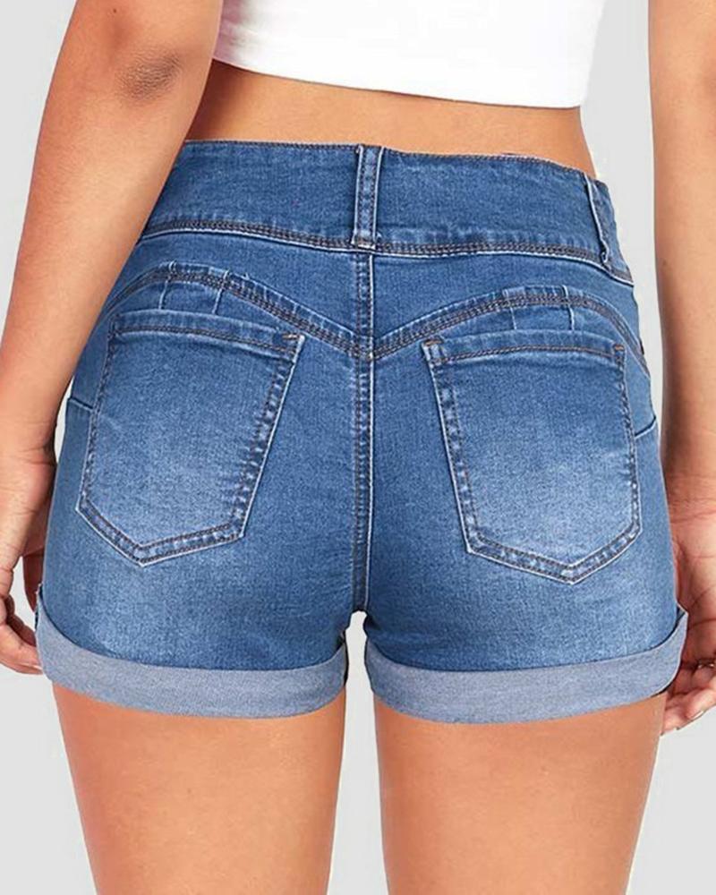 Women High Waist Button Front Roll Up Hem Denim Shorts-Pinkami