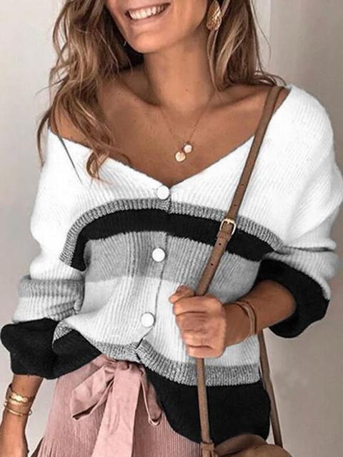 Striped Stitching V-neck Sweater Cardigan-Pinkami