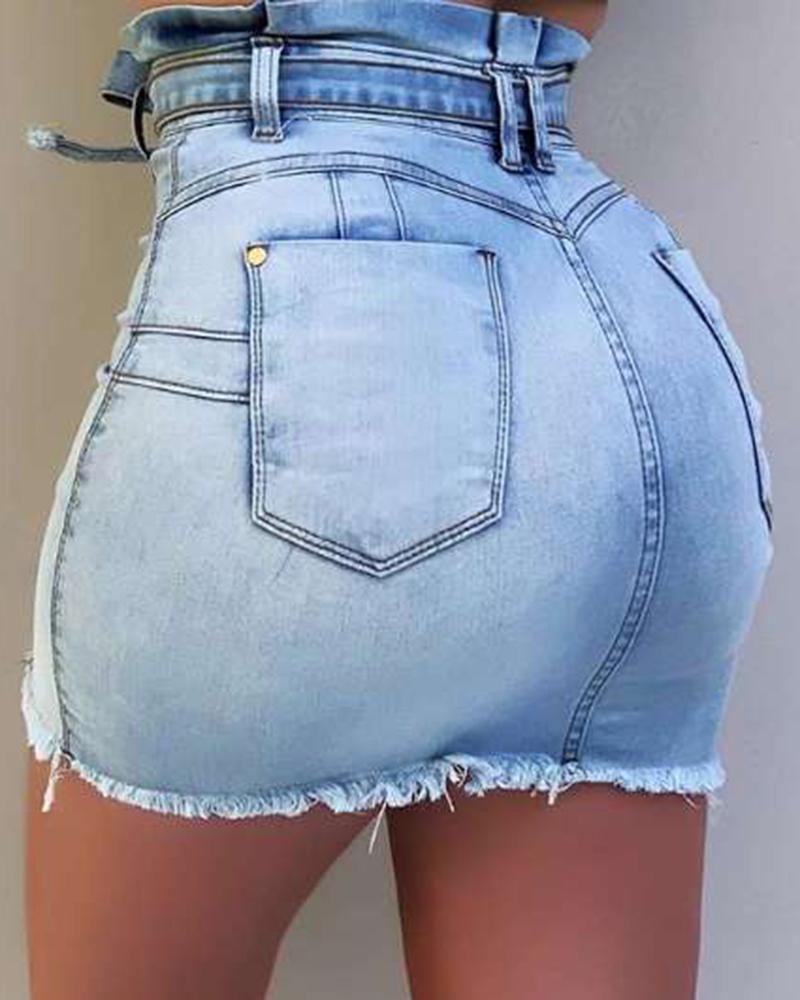 Women Button Front Belt Tie Raw Edge High Waist Denim Skirt-Pinkami
